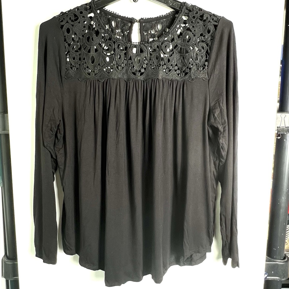 Philosophy Anthropologie Womens Sz XL Black Lace Yoke Peasant Blouse Top EUC